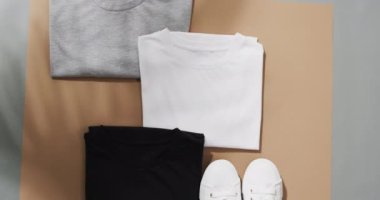 Kahverengi ve gri arkaplan üzerinde fotokopi alanı olan çok renkli tişörtlerin olduğu bir video. Giysi, kumaş, doku ve malzeme konsepti.