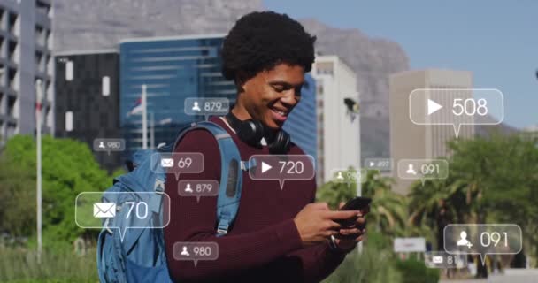 Animation Social Media Icons Happy African American Man Using Smartphone — Αρχείο Βίντεο