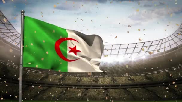 Animace Záblesků Kamer Konfet Padajících Přes Vlajku Alžírské Vlajky Proti — Stock video
