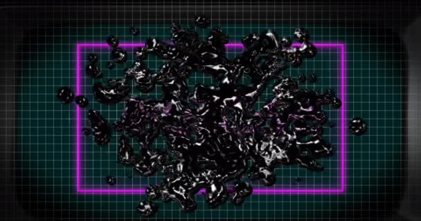 緑色の背景に浮かぶ液体形状の上にネオンパープルのウェルカムテキストバナーのアニメーション ビデオゲームインターフェース技術コンセプト — ストック動画