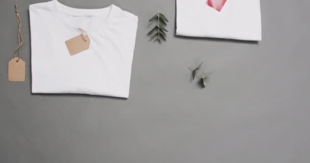 Vídeo Una Puesta Plana Camisetas Blancas Con Etiquetas Espacio Para — Vídeos de Stock