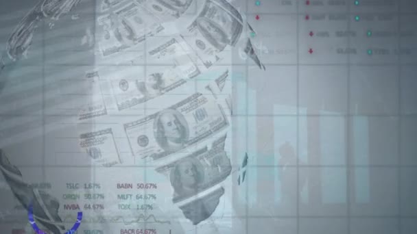 Tüm Dünyada Amerikan Dolarları Ile Finansal Veri Işleme Animasyonu Küresel — Stok video