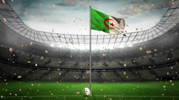 Animazione Coriandoli Che Cadono Sventolando Bandiera Algeria Pallone Calcio Contro — Video Stock