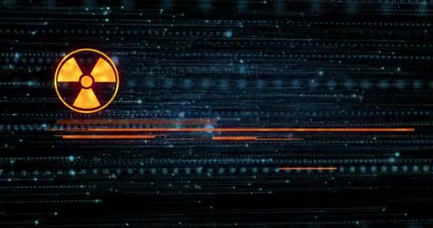 警告テキストバナーと輝く青色のライトトレイルに対する放射性シンボルのアニメーション 原子力放射線と世界的な緊急コンセプト — ストック動画