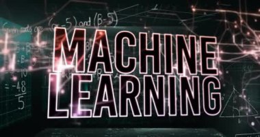 Matematiksel denklemlerle ekranlara karşı yazı pankartı ışık izlerini öğrenen makine animasyonu. Makine öğrenme ve yapay zeka teknolojisi kavramı