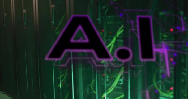 Animation Text Banner Purple Light Trails Computer Server Room Artificial — Stock Video
