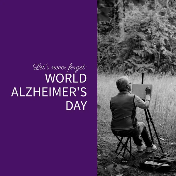 Composite World Alzheimer Day Text Senior Caucasian Man Painting Garden — Stock Photo, Image