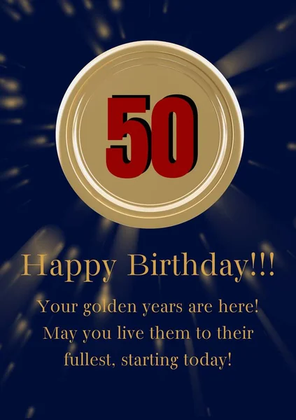 Happy 50 birthday text over gold circle and clouds on blue background. Fiftieth birthday, birthday party, well wishing and celebration concept digitally generated image.