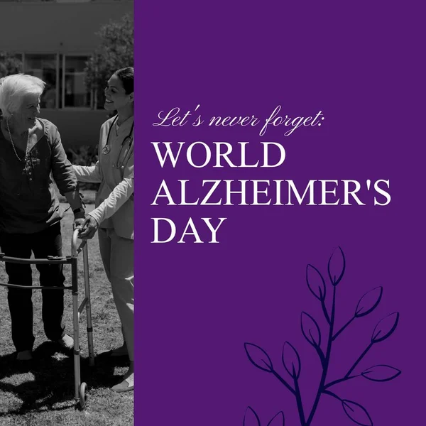 Composite of world alzheimer's day text over senior caucasian woman with female nurse in garden. World alzheimer's day and health concept digitally generated image.