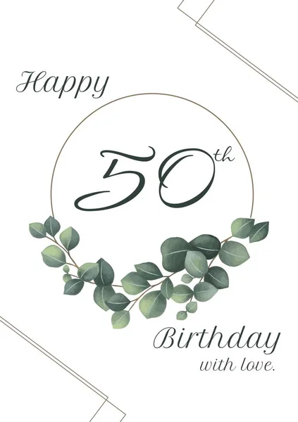 Happy Birthday Text Leaf Pattern White Background Fiftieth Birthday Birthday — Stock Photo, Image