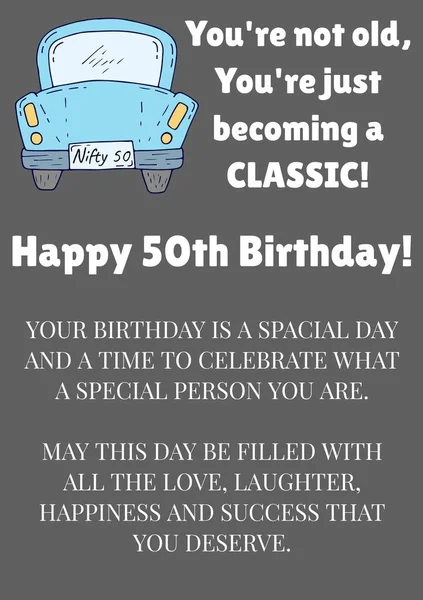 Happy Birthday Text Car Grey Background Fiftieth Birthday Birthday Party — Stock Photo, Image