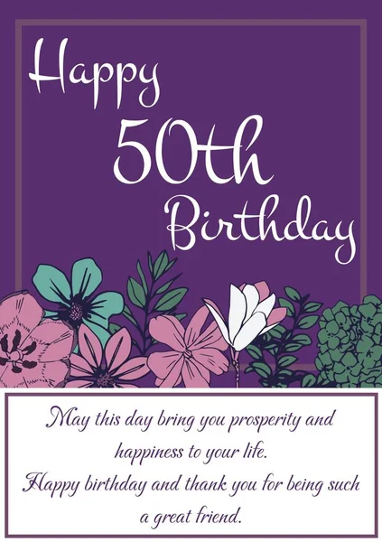 Happy 50 birthday text with flowers pattern on purple background. Fiftieth birthday, birthday party, well wishing and celebration concept digitally generated image.