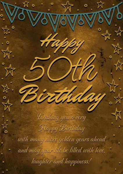 Happy Birthday Text Bunting Star Pattern Brown Background Fiftieth Birthday — Stock Photo, Image