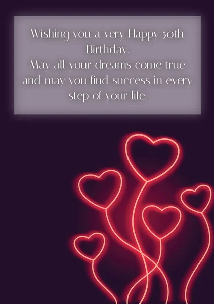 Happy Birthday Text Red Neon Hearts Dark Background Fiftieth Birthday — Stock Photo, Image