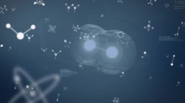 Nükleotidlerin animasyonu, bilgisayar dili ve soyut arkaplan üzerinde çoğalan hücreler. Dijital olarak üretilmiş, hologram, illüstrasyon, anatomi, kodlama, tıbbi, sağlık ve teknoloji konsepti.