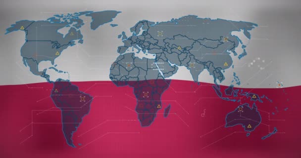 Animación Del Mapa Del Mundo Contra Ondear Fondo Bandera Polonia — Vídeos de Stock