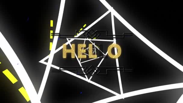 Animáció Hello Szöveg Banner Sárga Fény Pályák Neon Háromszög Alakú — Stock videók
