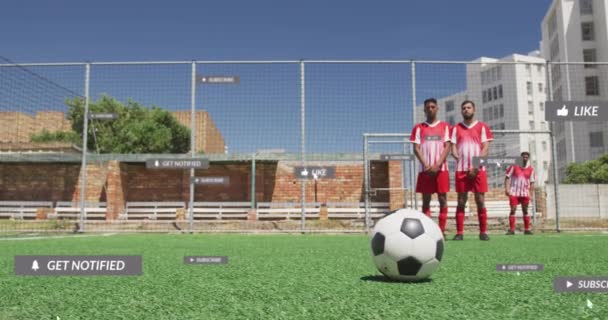 Animación Barras Notificación Sobre Diversos Jugadores Pateando Pelota Fútbol Oponente — Vídeo de stock