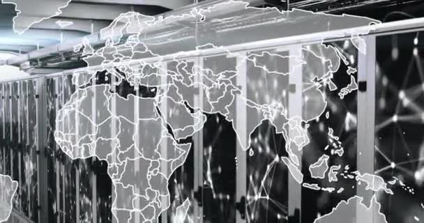 Animation Map Connected Dots Server Racks Server Room Digital Composite — Stock Video