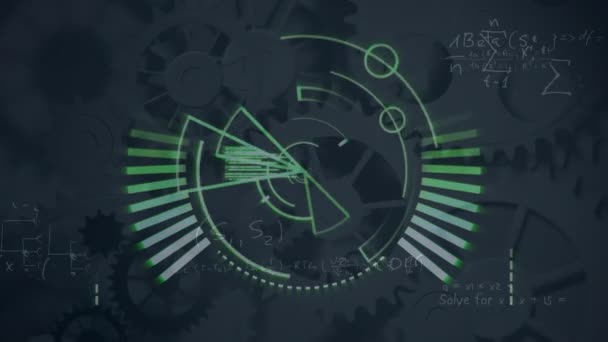 回転ギアに対する円形スキャナ 数学方程式 データ処理のアニメーション コンピュータインターフェースとビジネス技術のコンセプト — ストック動画