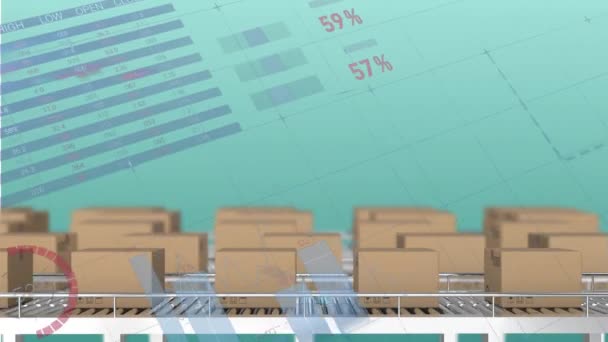 Animation Statistical Data Processing Delivery Boxes Conveyer Belt Blue Background — Stock Video