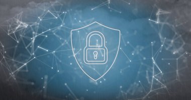 Asma kilit üzerinde hareket eden şekiller. Küresel iş ve dijital arayüz kavramı dijital olarak oluşturulmuş görüntü.