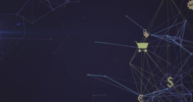 Dijital simgelerin dünya görüntüsü ve mavi arkaplan ile bağlantı ağı. Küresel ağ ve iş teknolojisi kavramı