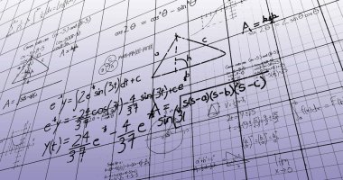 Mavi gradyan arkaplana karşı ızgara ağında yüzen matematiksel denklemlerin resmi. Okul ve eğitim kavramı