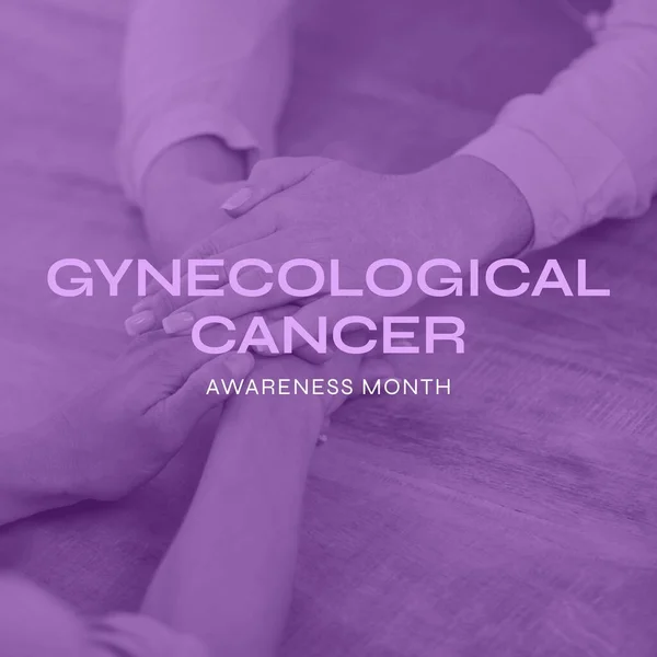 Composite of gynecological cancer awareness month over caucasian woman\'s hands. Gynecological cancer awareness, woman\'s health and prevention concept digitally generated image.