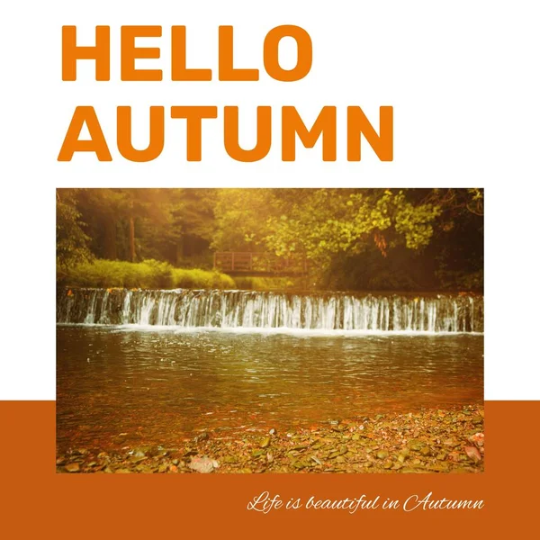 Kompozycja Witaj Jesienny Tekst Nad Jesiennymi Drzewami Strumieniem Koncepcja Jesieni — Zdjęcie stockowe