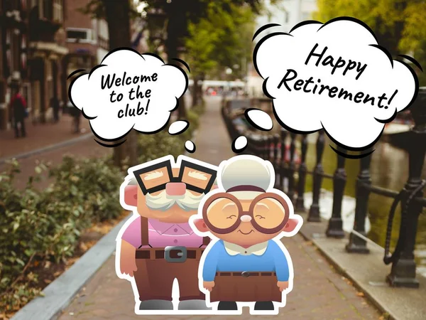 Composite Happy Retirement Text Speech Bubble Senior Couple Park Retirement — Stock Photo, Image
