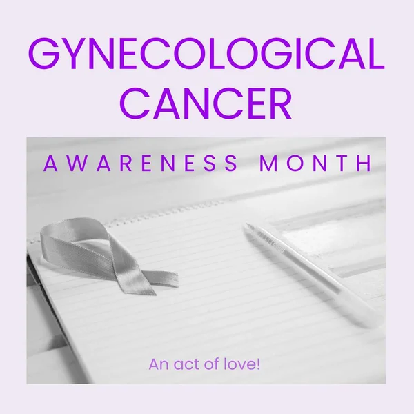Composite of gynecological cancer awareness month over notebook with ribbon on grey background. Gynecological cancer awareness, woman's health and prevention concept digitally generated image.