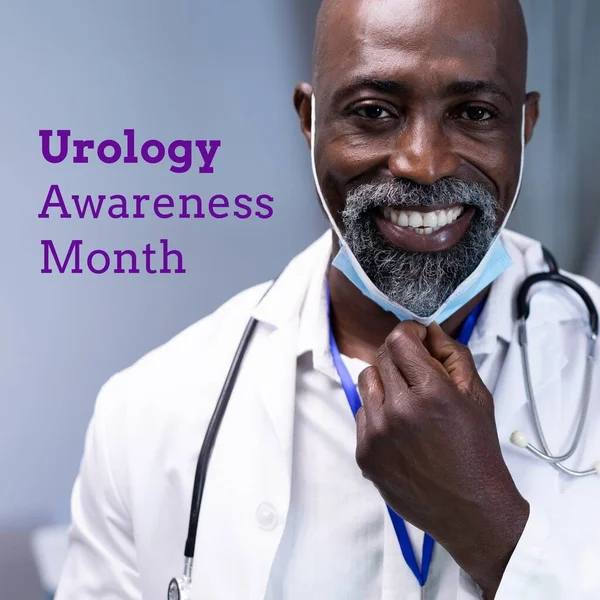 Composite Urology Awareness Month Happy African American Male Doctor Urologie — Photo