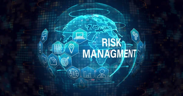 Image Risk Managment Text Icons Globe Black Background Global Business — Stock Photo, Image