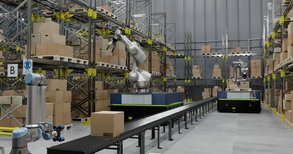 Immagine Robot Droni Che Lavorano Magazzino Intelligenza Artificiale Globale Concetto — Foto Stock