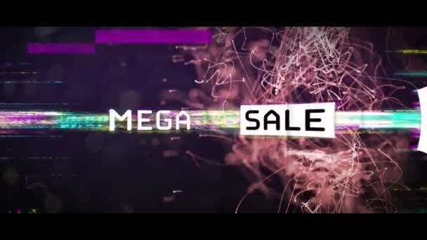 黒い背景に対するメガセールテキストバナーとピンクの波状線に対するグリッチ効果のアニメーション 販売割引 小売事業コンセプト — ストック動画