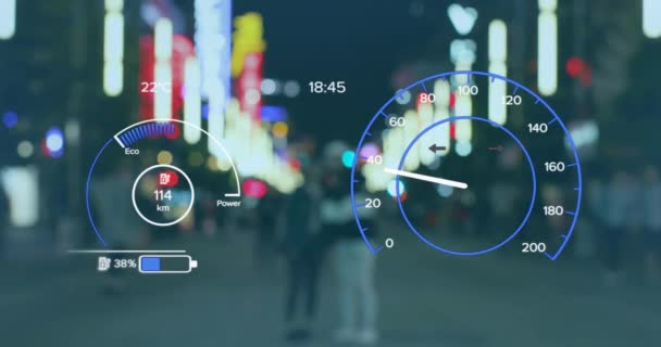在城市街道上行走的模糊人群上动画速度计 数字合成 多重曝光 运输和技术概念 — 图库视频影像