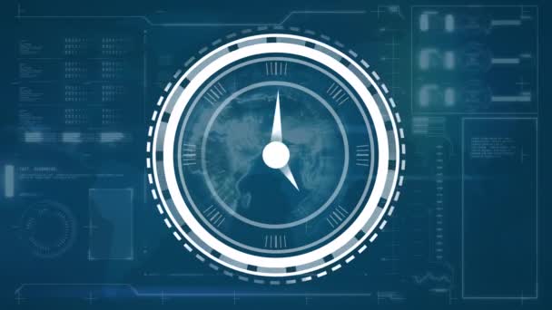 グローバルなインターフェースを介して時計をチェックし 青い背景に対するデータ処理をアニメーションします コンピュータインターフェースとビジネス技術のコンセプト — ストック動画