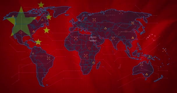 Animace Mapy Světa Pozadí Vlnící Porcelánové Vlajky Globální Koncepce Síťové — Stock video