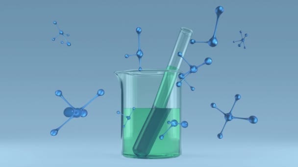 Animace Nukleotidů Kapaliny Naplněné Zkumavky Tekuté Kádince Modrém Pozadí Digitální — Stock video