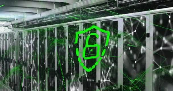 Animazione Icona Lucchetto Sicurezza Tracce Luce Verde Contro Sala Server — Video Stock