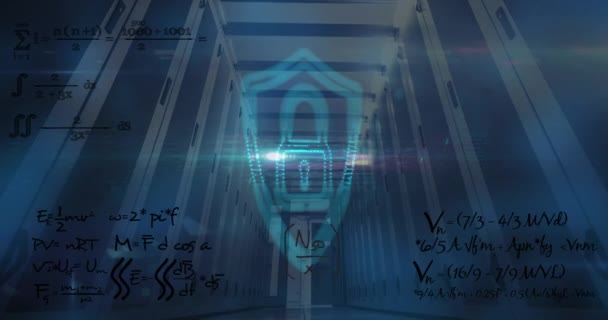 Animacja Ikony Kłódki Bezpieczeństwa Równań Matematycznych Niebieskiego Światła Serwerowni Koncepcja — Wideo stockowe