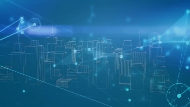 ブルーの背景に照らされたコネクテッドドットと3Dシティスケープのモデルのアニメーション デジタル生成 ホログラム イラスト コミュニケーション 建築コンセプト — ストック動画