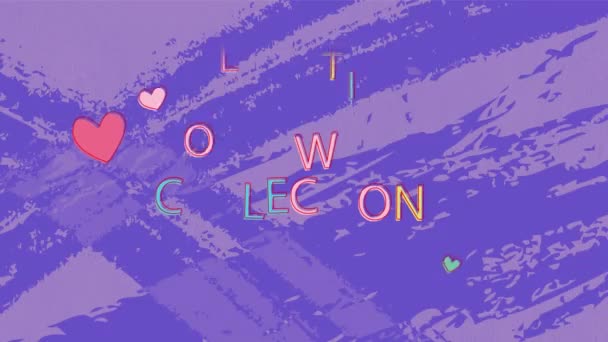 Animation Neuer Kollektionstexte Und Herzsymbole Gegen Sich Verändernde Farbflecken Auf — Stockvideo