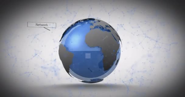 Анимация Нескольких Текстов Вокруг Вращающегося Земного Шара Соединенных Точках Белом — стоковое видео