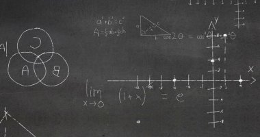 Matematiksel denklemlerin resmi, formüller ve diyagramlar gri karatahta arka planına karşı. Okul ve eğitim kavramı