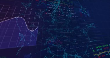 Borsa veri işleme görüntüsü mavi arkaplan ile bağlantı ağı üzerinden. Küresel ekonomi ve iş ağı teknolojisi kavramı