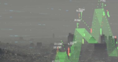 Şehir manzarası üzerinde finansal veri işleme resmi. Küresel iş, finans ve dijital arayüz kavramı dijital olarak oluşturulmuş görüntü.