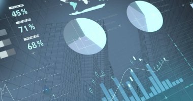 Şehir manzarası üzerinde veri işleme ile istatistiklerin resmi. Küresel iş, finans ve veri işleme kavramı dijital olarak oluşturulmuş görüntü.