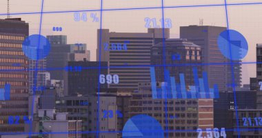 Şehir manzarasının havadan görüntüsüne karşı şebeke ağı üzerinden istatistiksel veri işleme resmi. Bilgisayar arayüzü ve iş veri teknolojisi kavramı